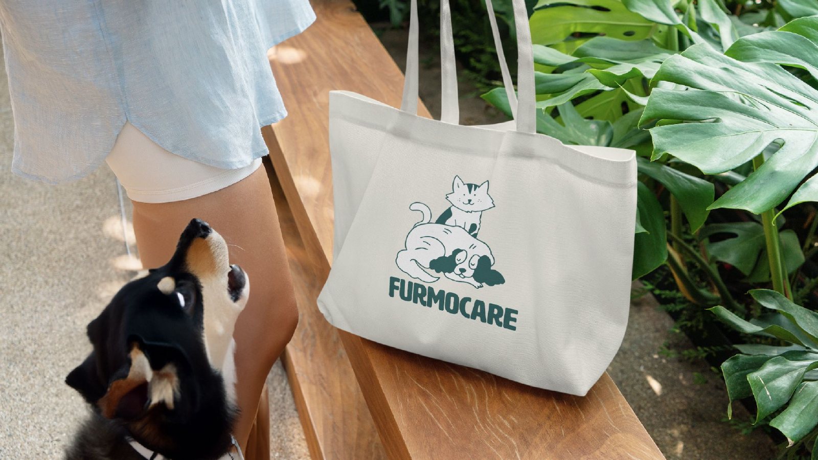 Furmocare tote bag on a bench with a dog
