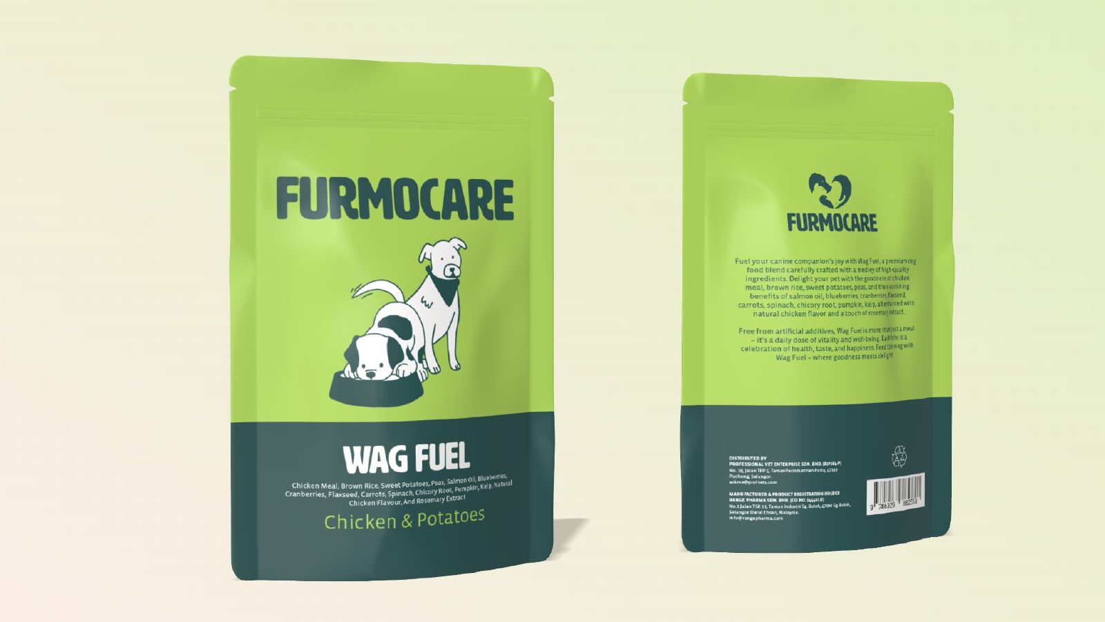 Wag Fuel dog food pouch, front and back