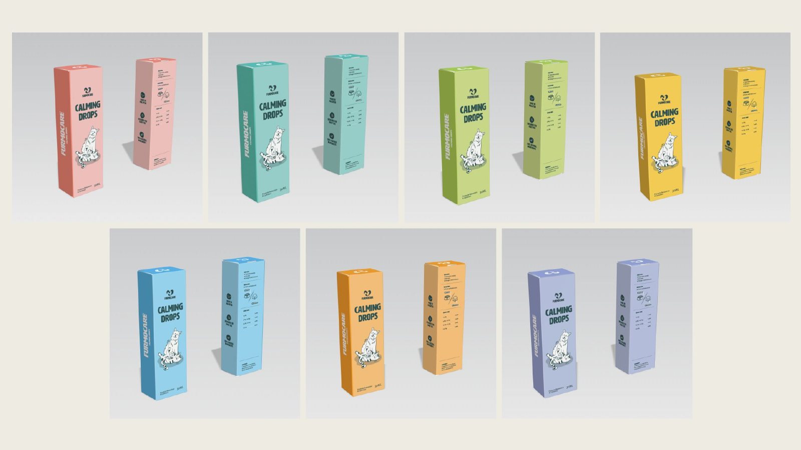 Calming Drops boxes in seven colours