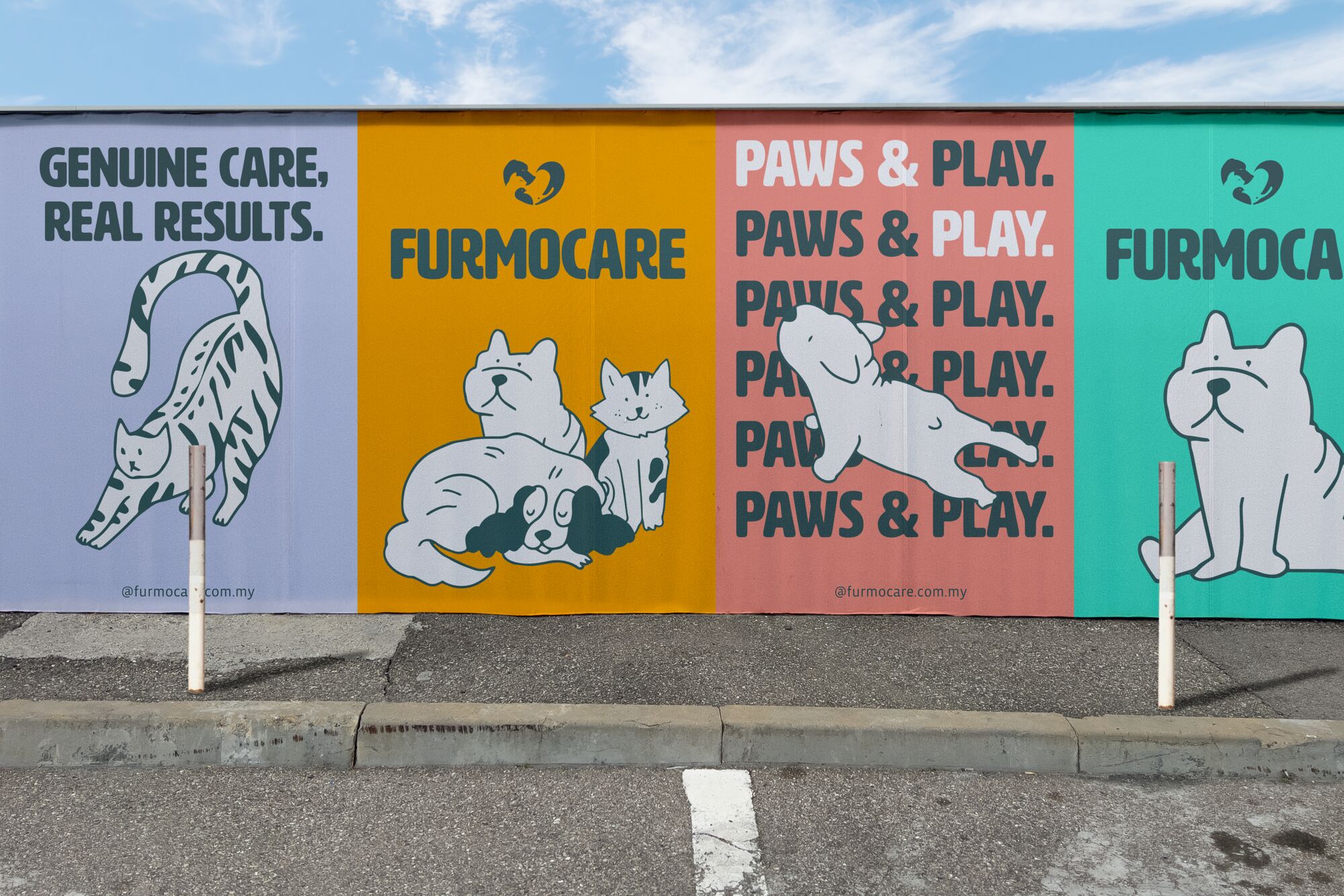 Furmocare billboards: Genuine care, real results and Paws and play, with illustrated cats and dogs