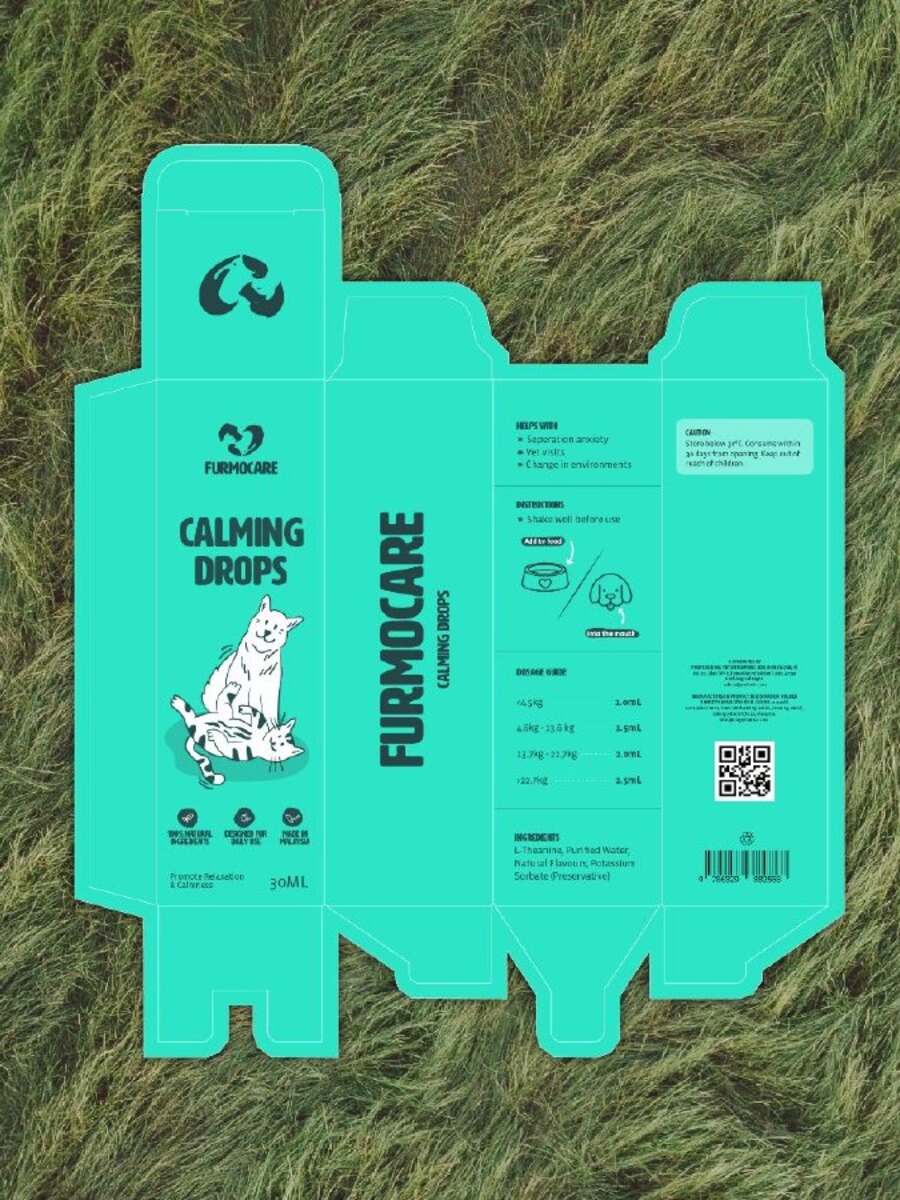 Furmocare Calming Drops box dieline on grass