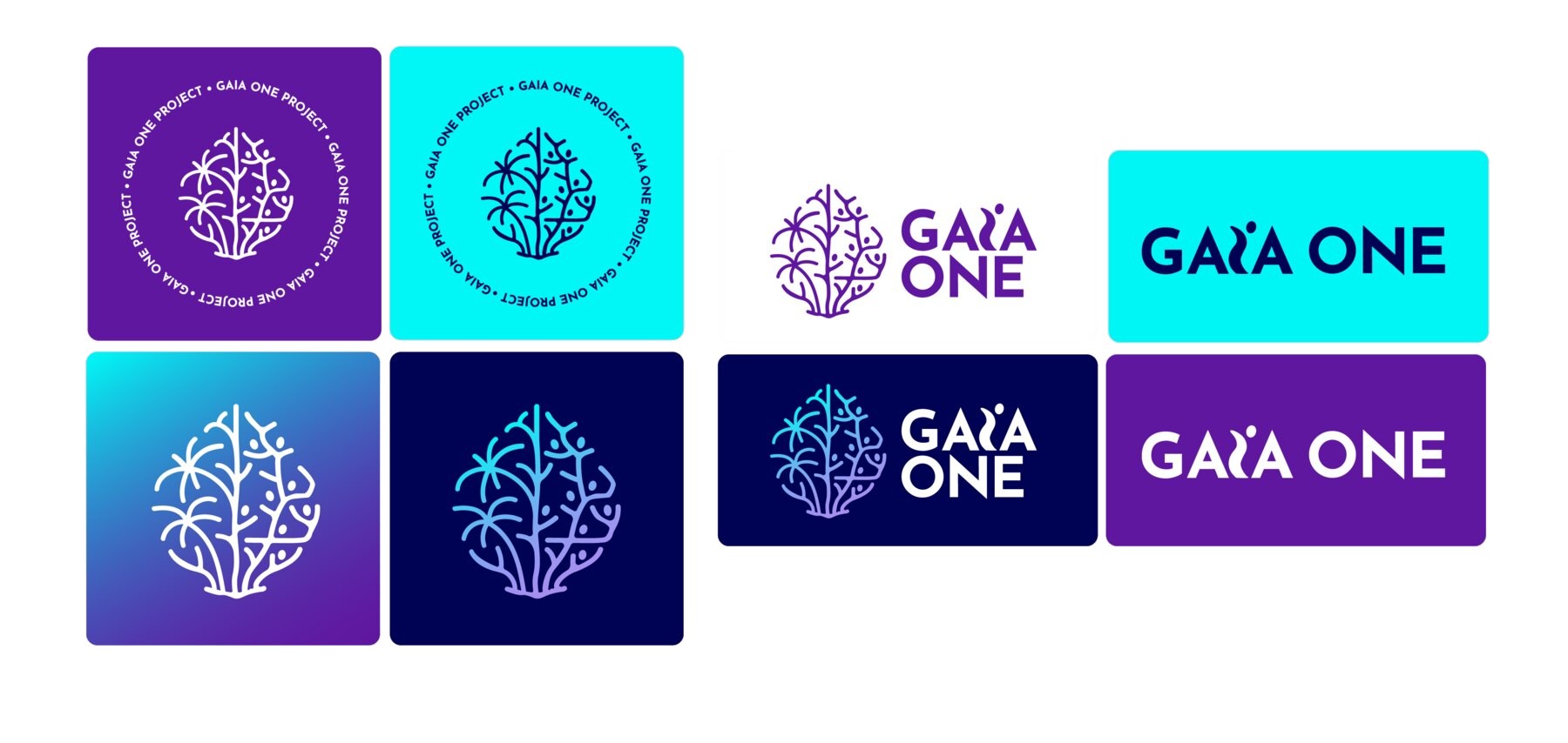 Gaia symbol and coconut tree logo in badge, icon and lockup versions