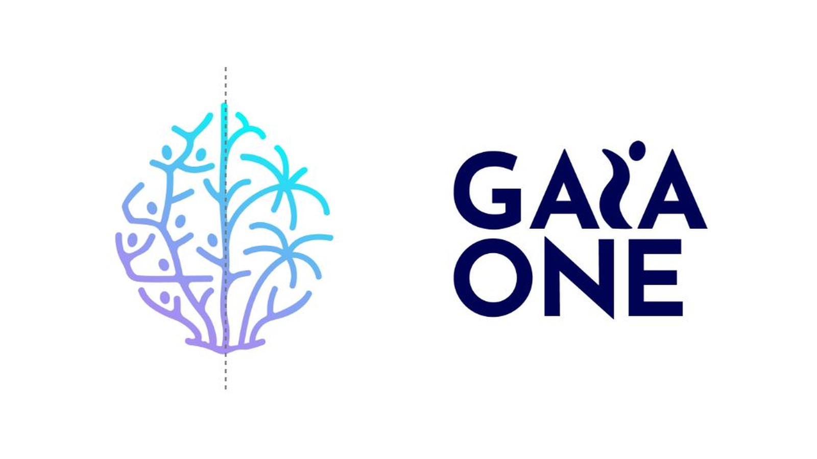 Gaia One mark split down the middle into coral and coconut tree, beside the logotype