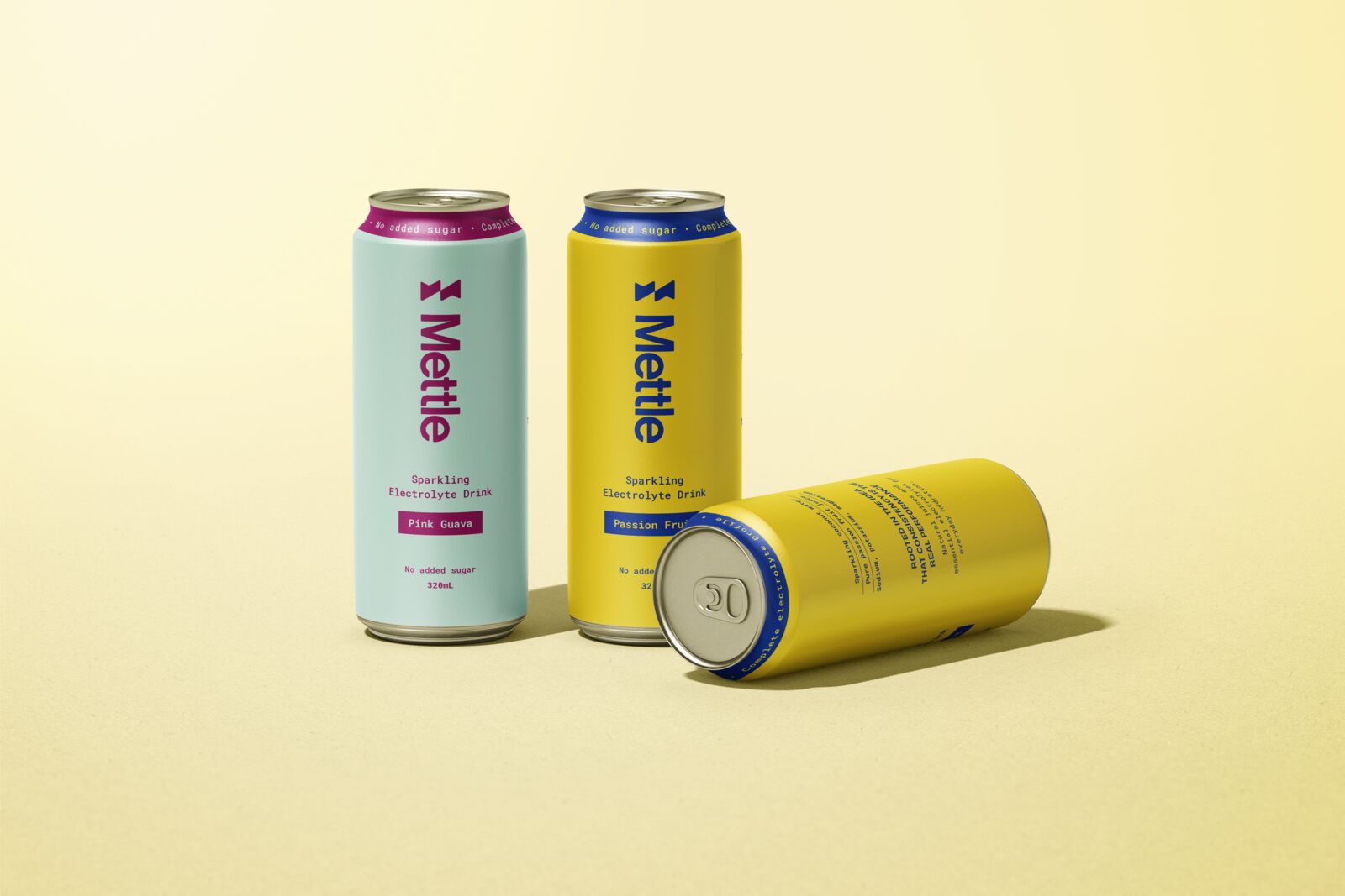 Mettle cans in Pink Guava and Passion Fruit on a pale yellow ground