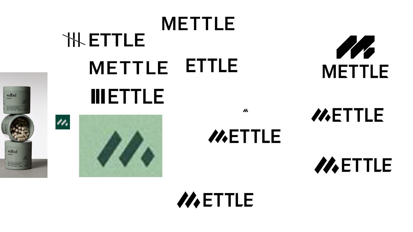 Sheet of Mettle wordmark and icon explorations