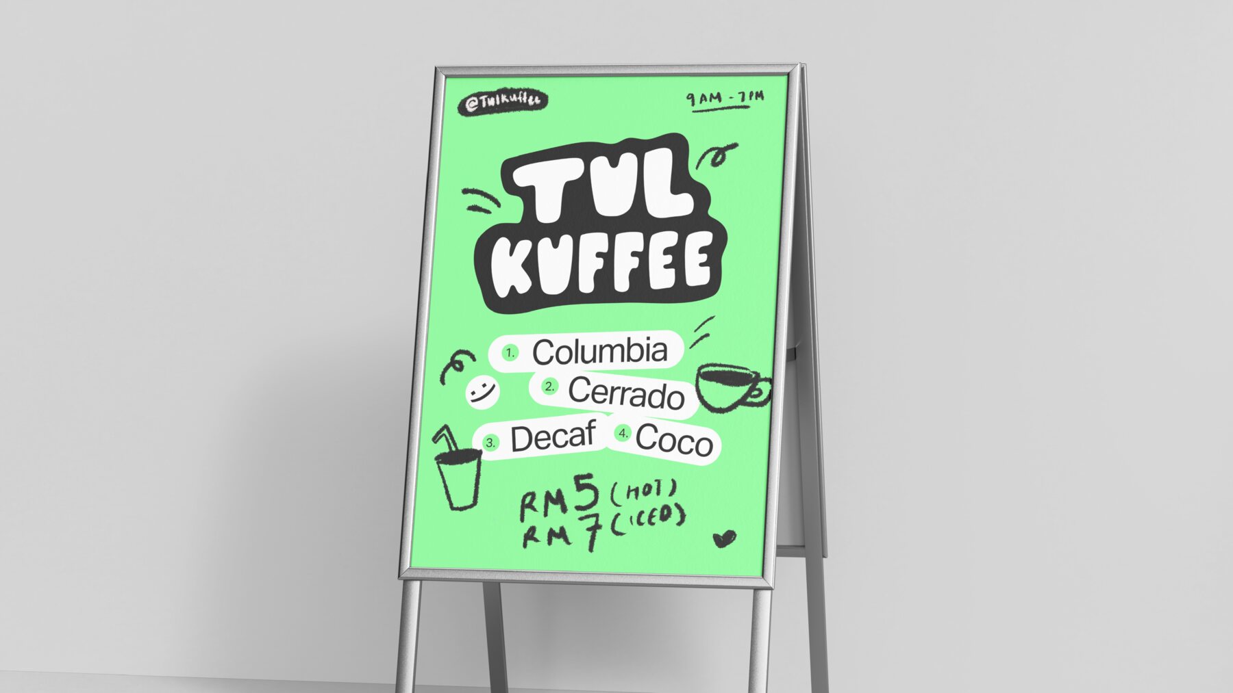 Tul Kuffee A-frame menu sign in mint green