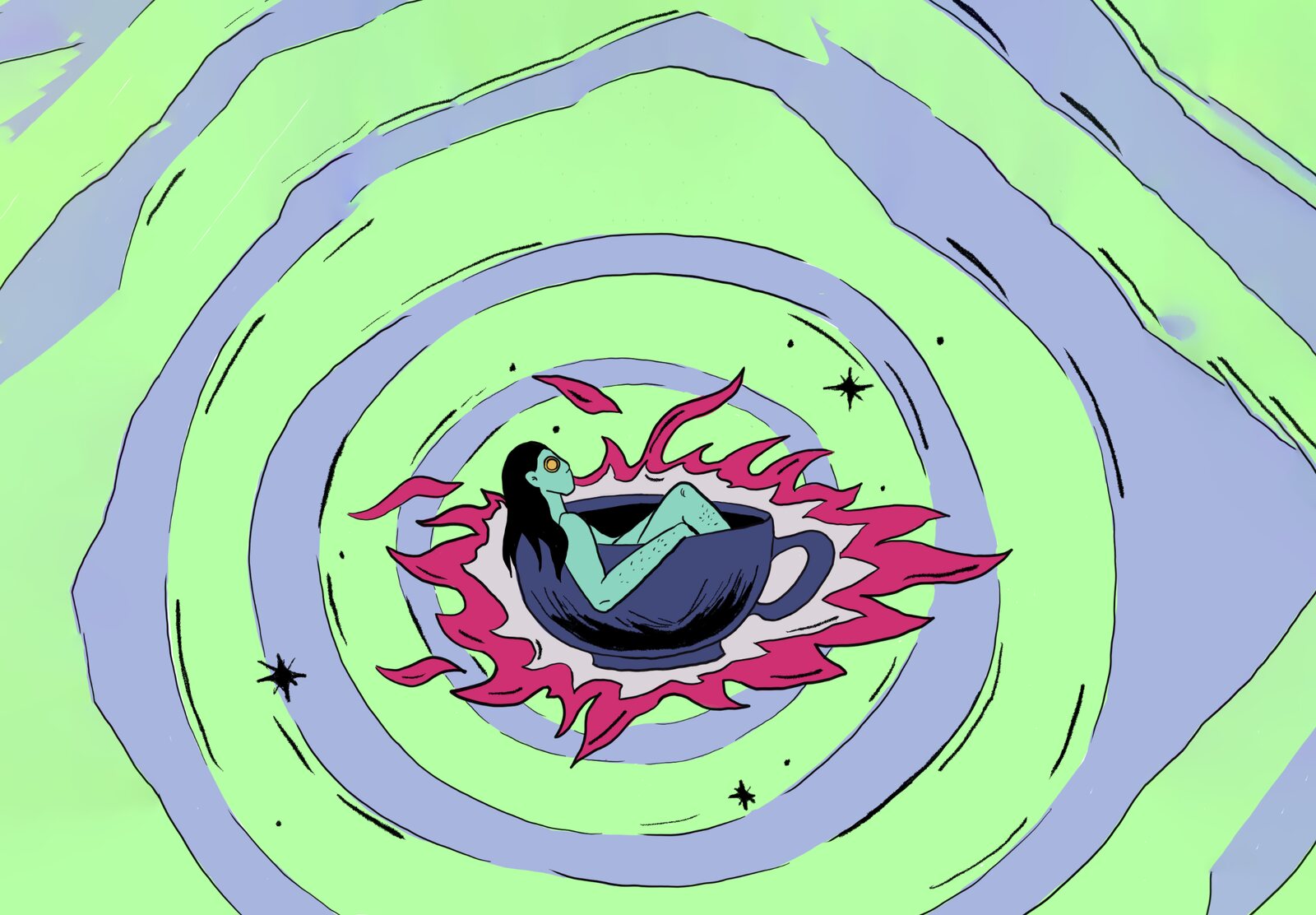 Cuppa Crash illustration: a figure falling into a coffee cup in a psychedelic swirl